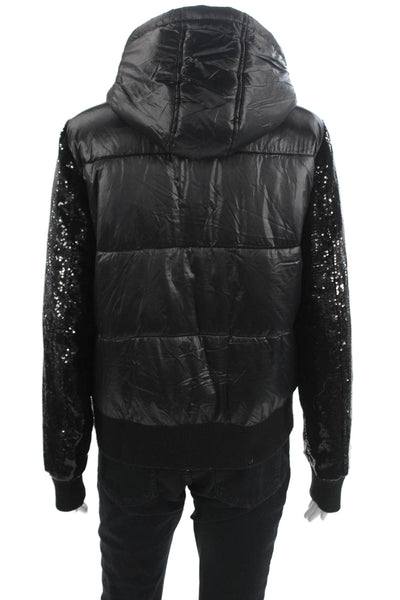 Generation Love Womens Quilted Puffer Bomber Jacket Black Nylon Button Size M