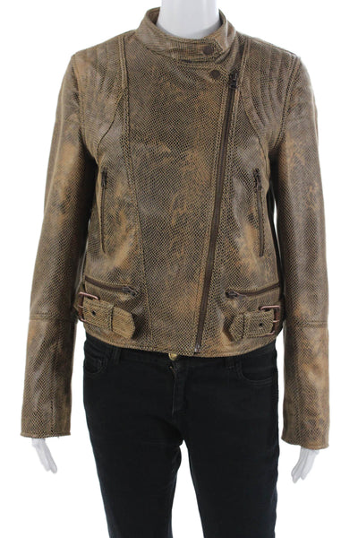 We The Free Women Biker Jacket Brown Animal Print Buckle Mock Neck Size S