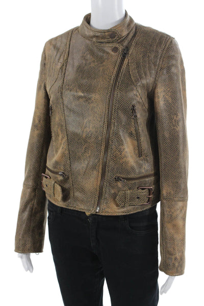 We The Free Women Biker Jacket Brown Animal Print Buckle Mock Neck Size S