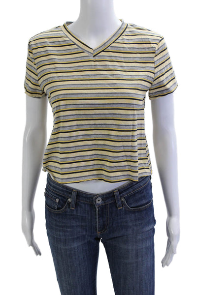Lioness Women Cropped Striped V Neck Tee Yellow Short Sleeve 90s Size S