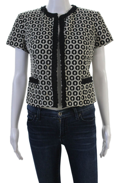 Milly Women Black Cotton Short Sleeve Blazer Geometric Crew Neck Size 6