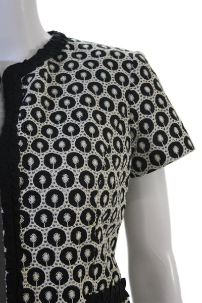 Milly Women Black Cotton Short Sleeve Blazer Geometric Crew Neck Size 6