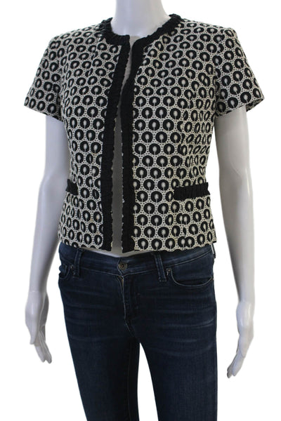 Milly Women Black Cotton Short Sleeve Blazer Geometric Crew Neck Size 6