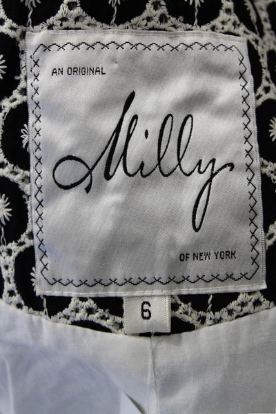 Milly Women Black Cotton Short Sleeve Blazer Geometric Crew Neck Size 6