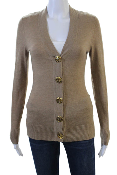 Tory Burch Womens Beige Merino Wool V Neck Button Cardigan Long Sleeve Size XS