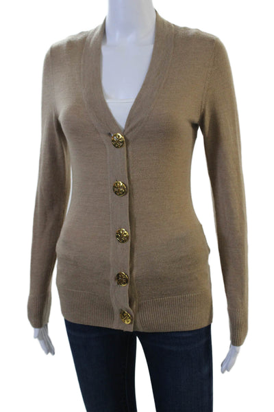 Tory Burch Womens Beige Merino Wool V Neck Button Cardigan Long Sleeve Size XS
