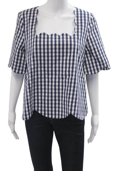 Tara Jarmon Women Blue Check Square Neck Short Sleeve Blouse Size 40