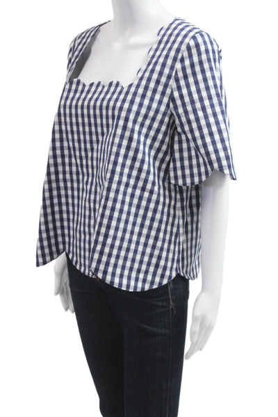 Tara Jarmon Women Blue Check Square Neck Short Sleeve Blouse Size 40