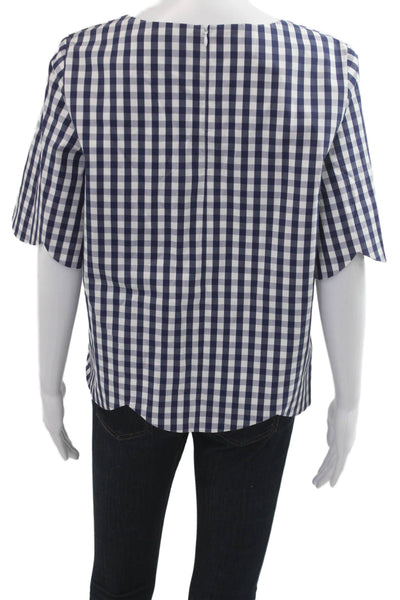 Tara Jarmon Women Blue Check Square Neck Short Sleeve Blouse Size 40