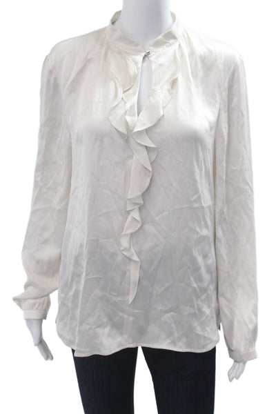 Marccain Women White Silk High Neck Button Long Sleeve Blouse Size 4