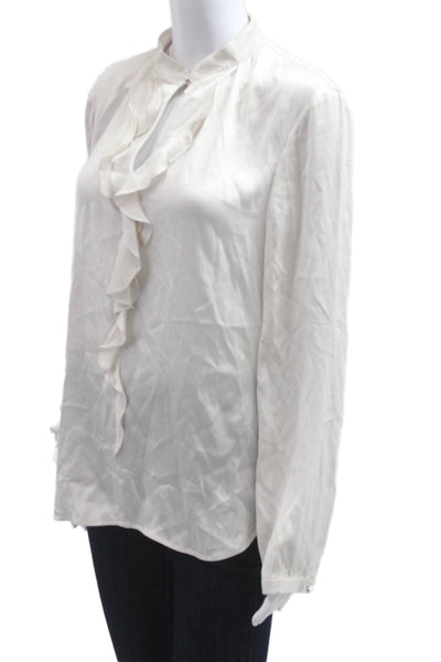 Marccain Women White Silk High Neck Button Long Sleeve Blouse Size 4