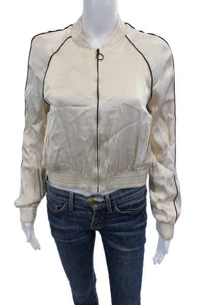 Zara Womens Bomber Jacket Beige Polyester Zip Crew Neck Long Sleeve Size S