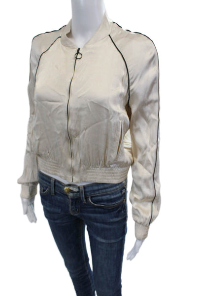 Zara Womens Bomber Jacket Beige Polyester Zip Crew Neck Long Sleeve Size S