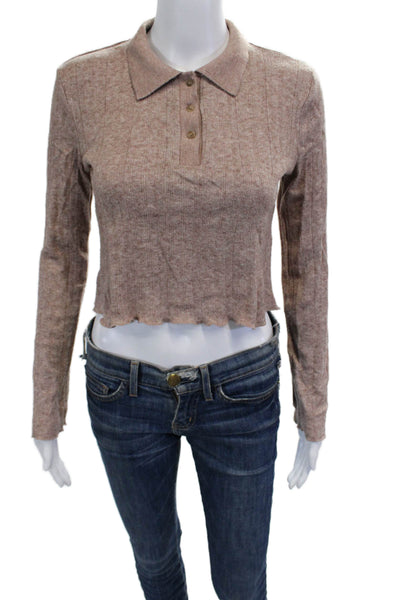 Zara Women Cropped Polo Collared Long Sleeve Beige 90s Viscose Blend Size M