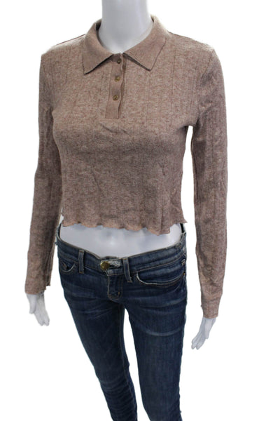 Zara Women Cropped Polo Collared Long Sleeve Beige 90s Viscose Blend Size M