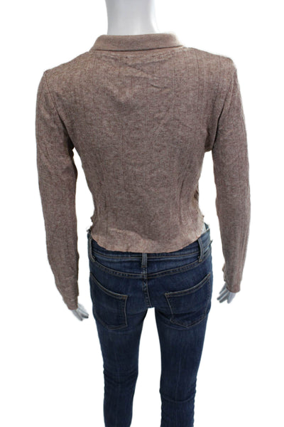 Zara Women Cropped Polo Collared Long Sleeve Beige 90s Viscose Blend Size M