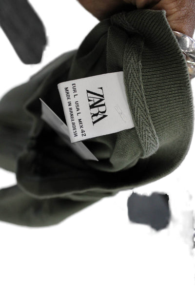 Zara Men Band T-Shirt Green Mock Neck Short Sleeve Army Zip Size L