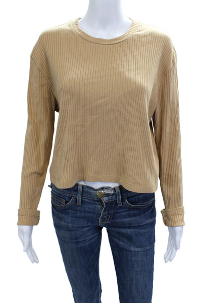 French Connection Women Cropped Striped Beige Crewneck Long Sleeve Tee Size L