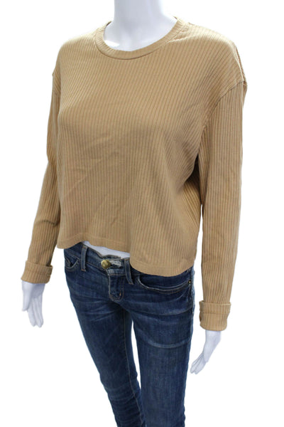 French Connection Women Cropped Striped Beige Crewneck Long Sleeve Tee Size L