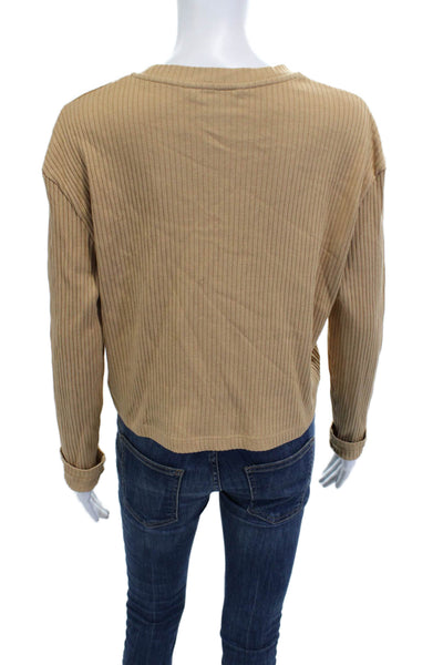 French Connection Women Cropped Striped Beige Crewneck Long Sleeve Tee Size L