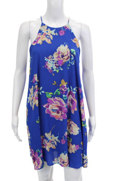 Everly Womens Blue Floral Shift Sundress High Neck Button Sleeveless Size M