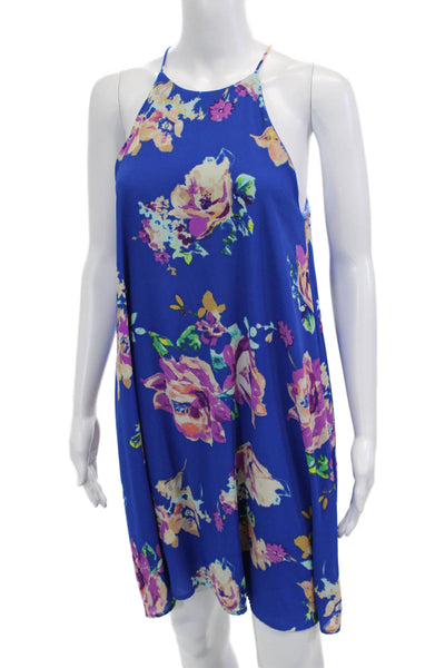 Everly Womens Blue Floral Shift Sundress High Neck Button Sleeveless Size M