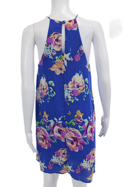 Everly Womens Blue Floral Shift Sundress High Neck Button Sleeveless Size M