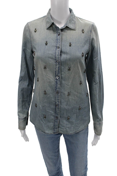 J Crew Collection Women Blue Cotton Collared Button-Up Blouse Size 0