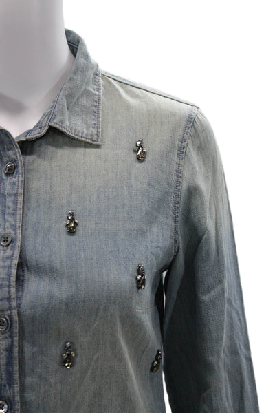 J Crew Collection Women Blue Cotton Collared Button-Up Blouse Size 0