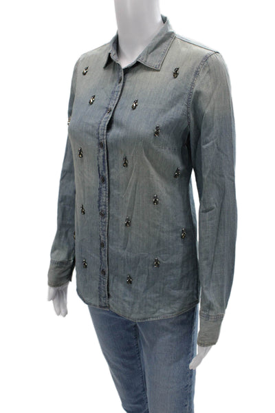 J Crew Collection Women Blue Cotton Collared Button-Up Blouse Size 0