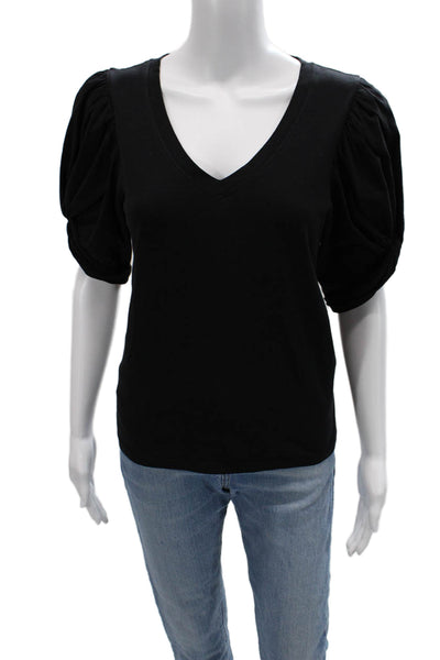 Avec Les Filles Womens Basic V Neck Black Cotton Short Sleeve T Shirt Size L