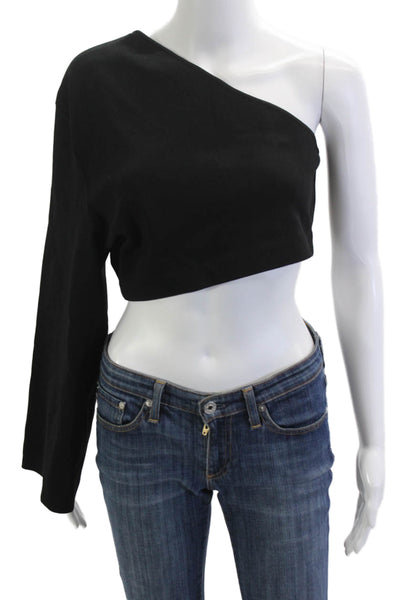 Solace London Womens Cropped One Shoulder Black Top Nylon Blend Size 4