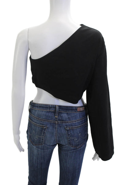 Solace London Womens Cropped One Shoulder Black Top Nylon Blend Size 4