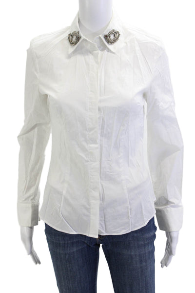 MNG Womens Collared White Long Sleeve Button-Up Blouse Cotton Blend Size 2