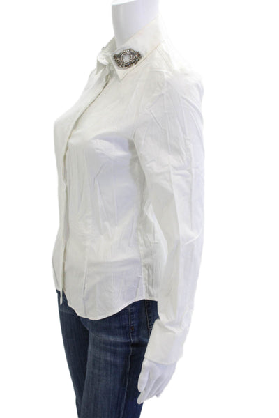 MNG Womens Collared White Long Sleeve Button-Up Blouse Cotton Blend Size 2