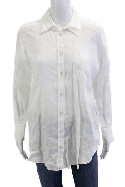 Zara Women Basic White Linen Collared Button-Up Long Sleeve Top Size XS