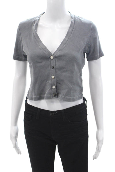Amo Womens Cropped Gray Cotton V Neck Button Up Top Short Sleeve Size S