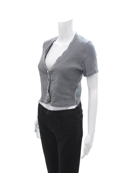 Amo Womens Cropped Gray Cotton V Neck Button Up Top Short Sleeve Size S