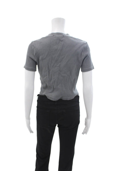 Amo Womens Cropped Gray Cotton V Neck Button Up Top Short Sleeve Size S