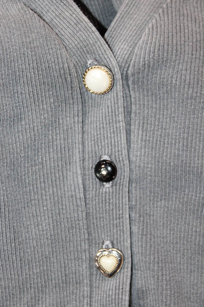 Amo Womens Cropped Gray Cotton V Neck Button Up Top Short Sleeve Size S