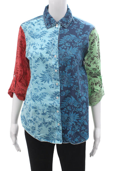 Cino Womens Light Blue Floral Cotton Button-Up 3/4 Sleeve Blouse Size XS