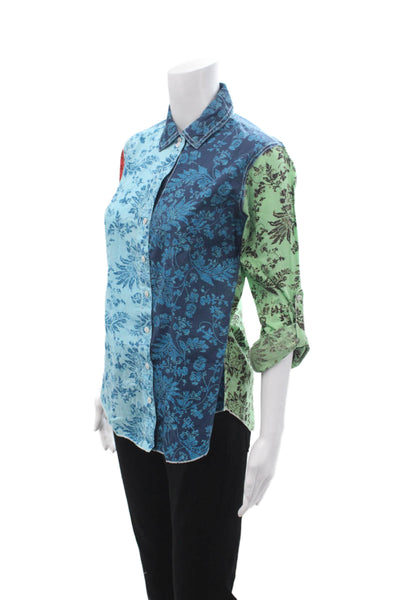 Cino Womens Light Blue Floral Cotton Button-Up 3/4 Sleeve Blouse Size XS