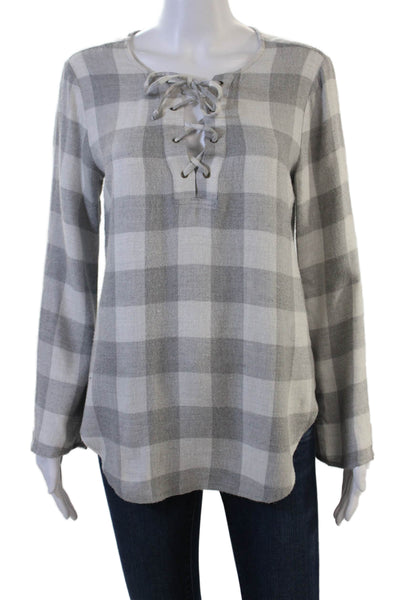 Cloth & Stone Women Gray Plaid Tunic Blouse Lace Up Rayon Long Sleeve Size S