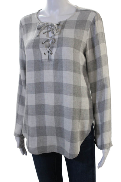 Cloth & Stone Women Gray Plaid Tunic Blouse Lace Up Rayon Long Sleeve Size S