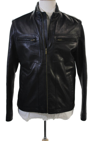 Cole Haan Mens Motorcycle Jacket Black Lambskin Zip High Neck Biker Size M