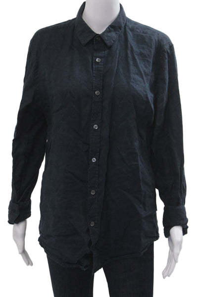 Theory Women Dark Blue Collared Long Sleeve Button-Up Top Size M
