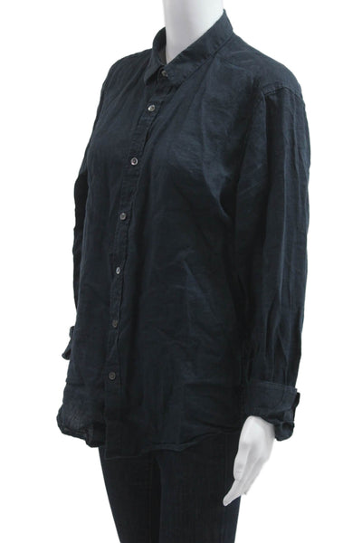 Theory Women Dark Blue Collared Long Sleeve Button-Up Top Size M