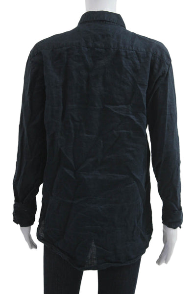 Theory Women Dark Blue Collared Long Sleeve Button-Up Top Size M