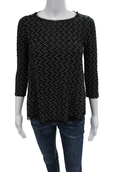 Anthropologie Women Black Geometric Round Neck Zip Blouse 3/4 Sleeve Size XS