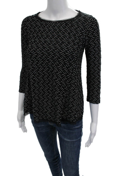 Anthropologie Women Black Geometric Round Neck Zip Blouse 3/4 Sleeve Size XS